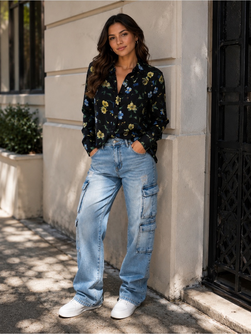 Light Blue Boyfriend Cargo Jeans - Casual Relaxed Fit And Button Up Flower Top